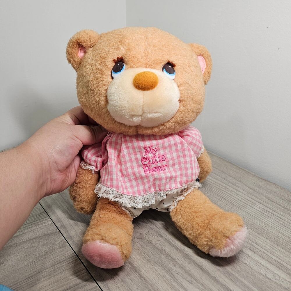 Emotions Mattel 1983 My Cutie Bear Plush Teddy Pink Check Dress eyelashes girl